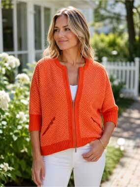 CAbi Cocoon Zip Front Knit Cardigan Orange Textured 3/4 Sleeve Size M